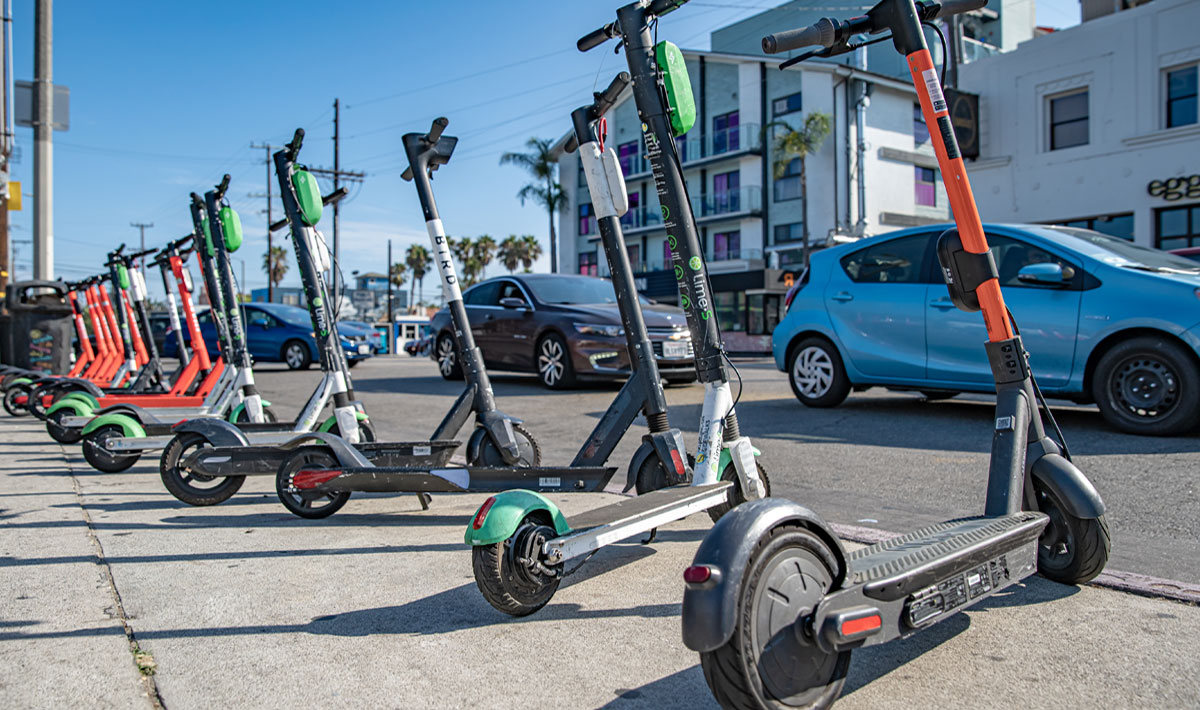 electric scooters parked on the street